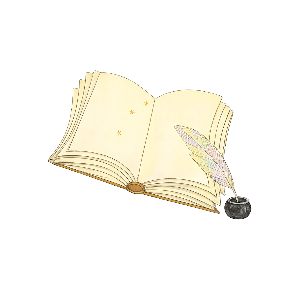 Livre ouvert accompagné d'une plume et d'un encrier, logo de Terres de l'Imaginaire.